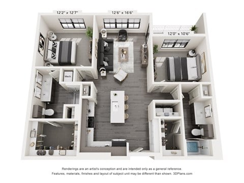 Floor plan for 2 beds, 2 baths, 1129 sqft